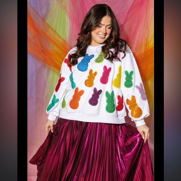 QUEEN OF SPARKLES Tops - Queen Of Sparkles White Multi Peeps Sweatshirt Medium NWOT